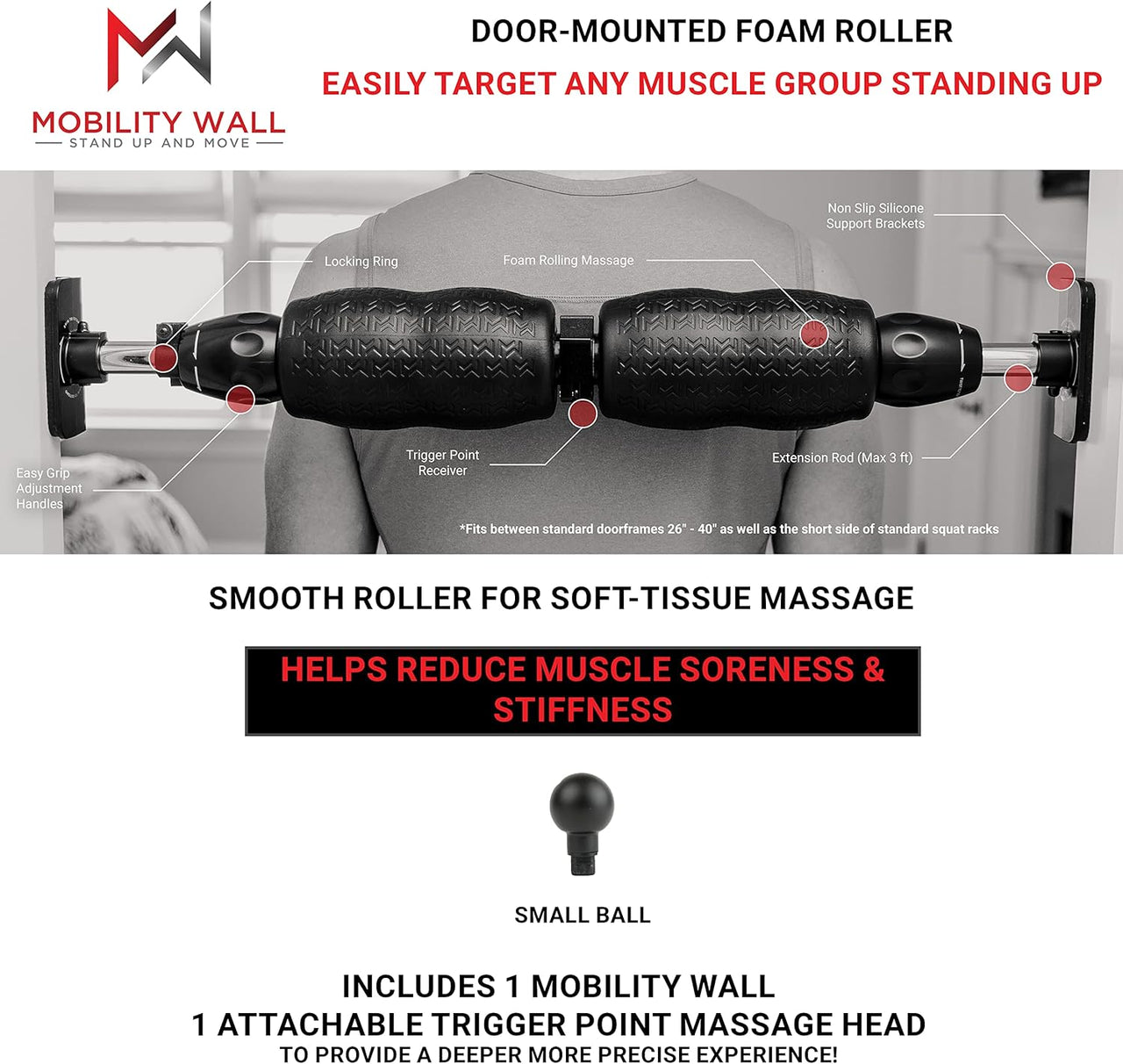 - Stand up Door Mounted Smooth Foam Roller for Soft Tissue Massage & Muscle Recovery for Exercise, Includes 1 Trigger Point Attachments