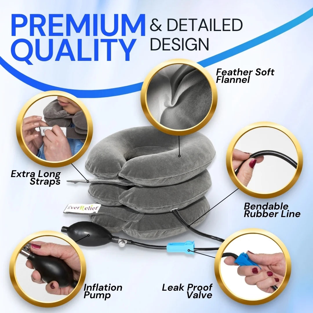 Cervical Neck Traction Device - Inflatable Pillow for Alignment, Posture, Mobility (Gray)