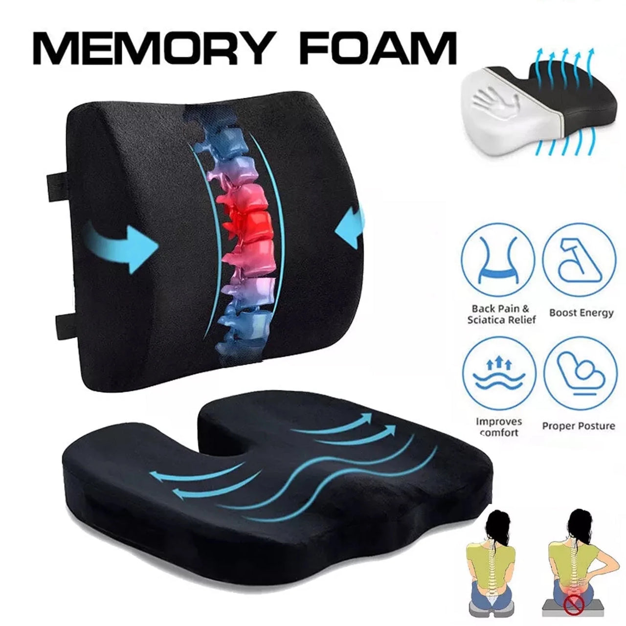 Seat Cushion and Lumbar Support Pillow for Office Chair, Memory Foam Car Seat Cushions Back Support Pillows, Help Relieve Pain of Back, Lumbar, Tailbone and Sciatic Nerve (Black)