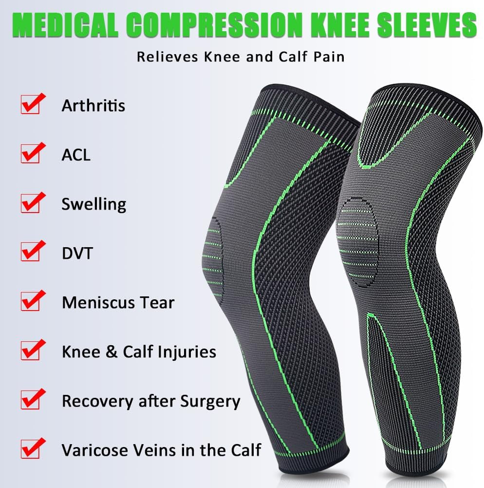 1 Pair Full Leg Compression Sleeves for Women & Men, Extra Long Leg & Calf Braces Knee Sleeve for Basketball, Football, Running, Working Out, Arthritis