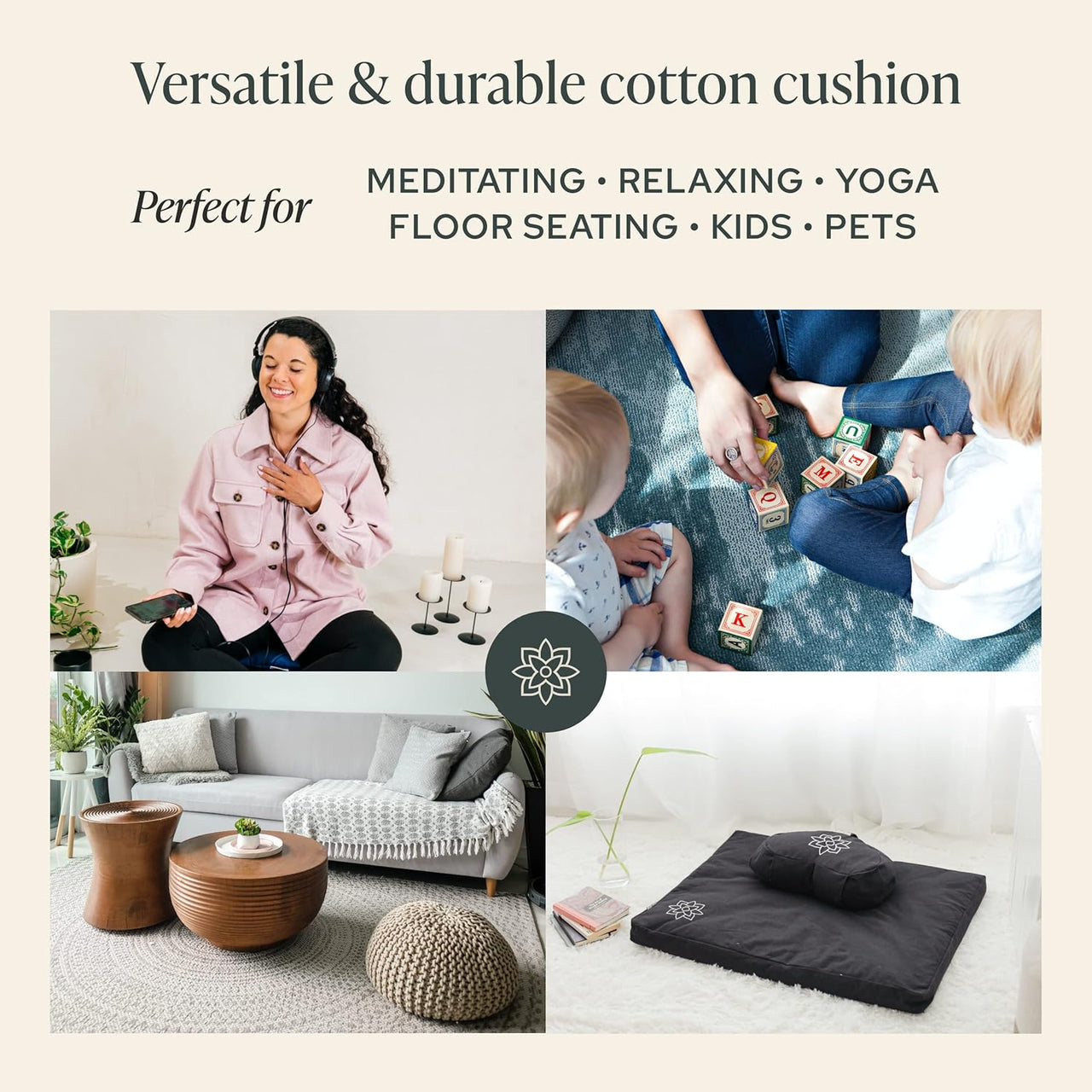 Mindful & Modern Large Meditation Cushion | Zafu Yoga Bolster Meditation Floor Pillow Seat | Buckwheat Hull Filled Crescent Shaped Cushion with Removable Washable Cover + Carry Handle