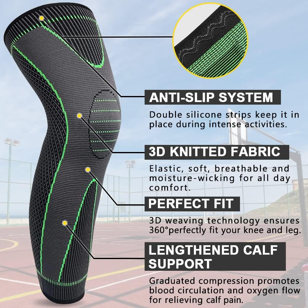 1 Pair Full Leg Compression Sleeves for Women & Men, Extra Long Leg & Calf Braces Knee Sleeve for Basketball, Football, Running, Working Out, Arthritis