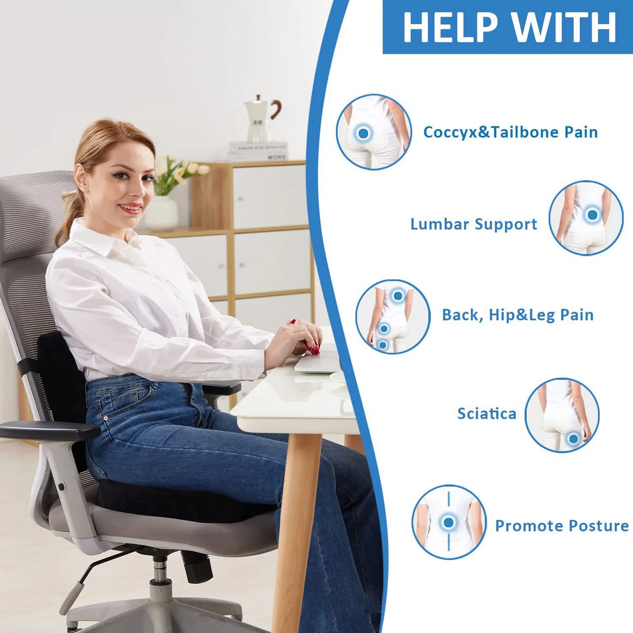 Seat Cushion and Lumbar Support Pillow for Office Chair, Memory Foam Car Seat Cushions Back Support Pillows, Help Relieve Pain of Back, Lumbar, Tailbone and Sciatic Nerve (Black)