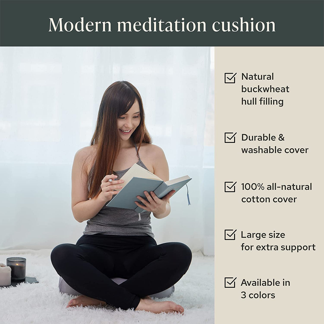Mindful & Modern Large Meditation Cushion | Zafu Yoga Bolster Meditation Floor Pillow Seat | Buckwheat Hull Filled Crescent Shaped Cushion with Removable Washable Cover + Carry Handle