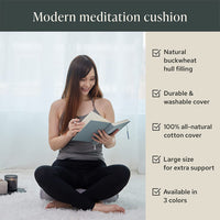 Thumbnail for Mindful & Modern Large Meditation Cushion | Zafu Yoga Bolster Meditation Floor Pillow Seat | Buckwheat Hull Filled Crescent Shaped Cushion with Removable Washable Cover + Carry Handle