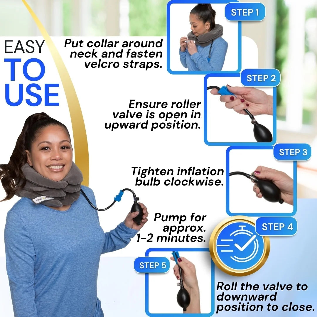 Cervical Neck Traction Device - Inflatable Pillow for Alignment, Posture, Mobility (Gray)