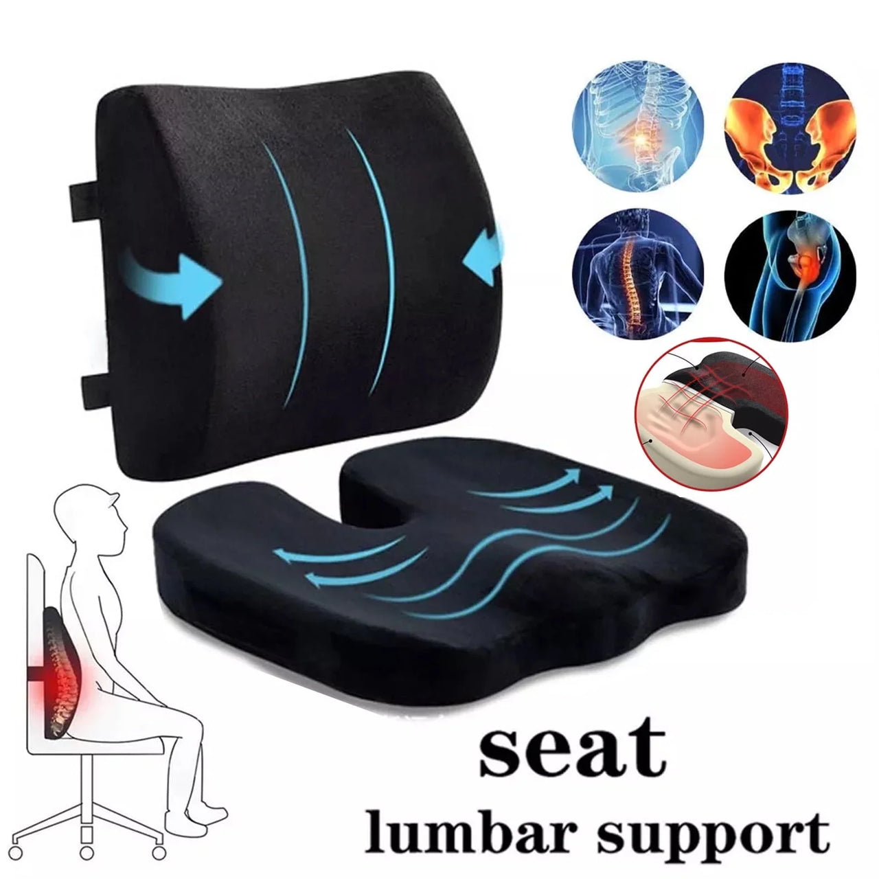 Seat Cushion and Lumbar Support Pillow for Office Chair, Memory Foam Car Seat Cushions Back Support Pillows, Help Relieve Pain of Back, Lumbar, Tailbone and Sciatic Nerve (Black)