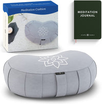 Thumbnail for Mindful & Modern Large Meditation Cushion | Zafu Yoga Bolster Meditation Floor Pillow Seat | Buckwheat Hull Filled Crescent Shaped Cushion with Removable Washable Cover + Carry Handle