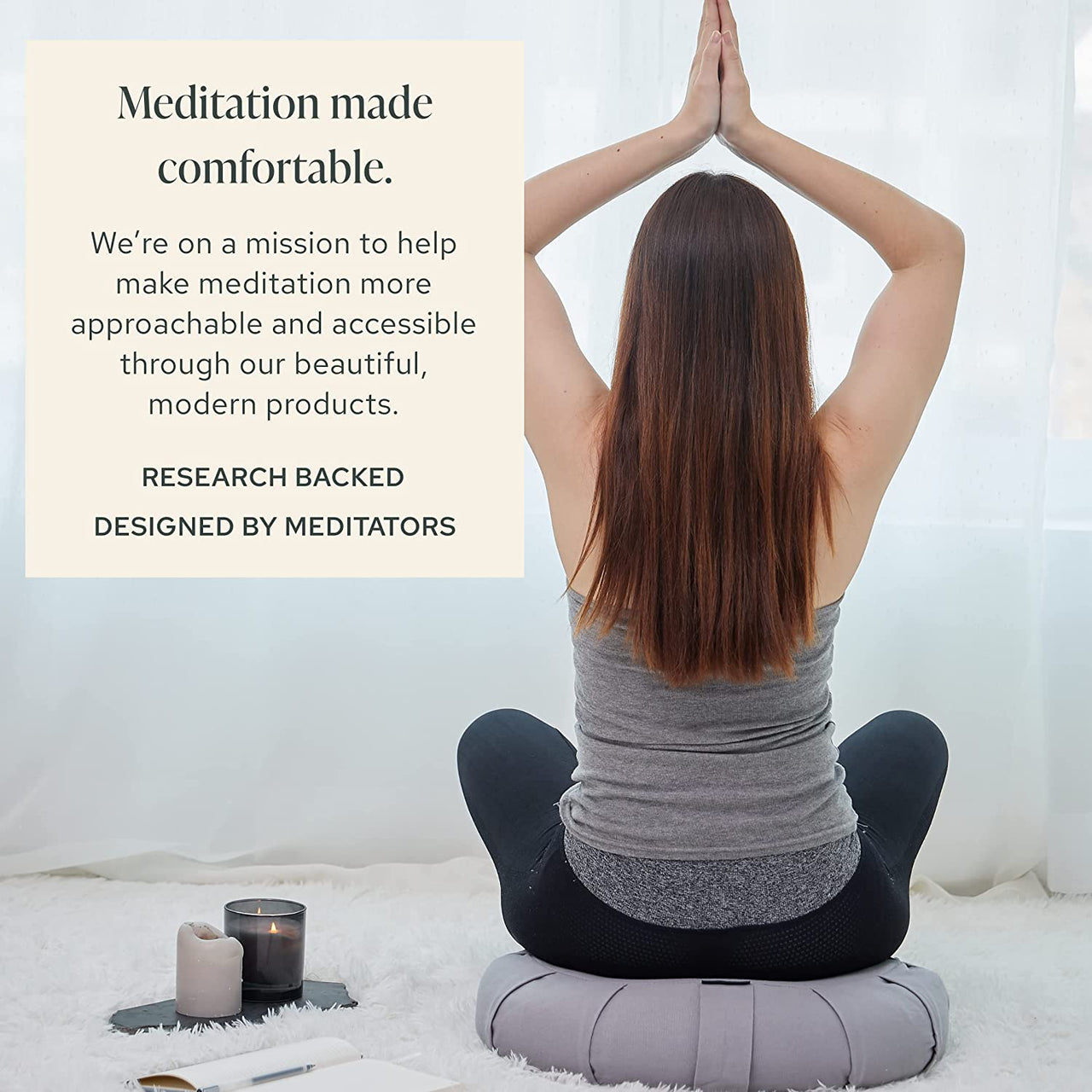 Mindful & Modern Large Meditation Cushion | Zafu Yoga Bolster Meditation Floor Pillow Seat | Buckwheat Hull Filled Crescent Shaped Cushion with Removable Washable Cover + Carry Handle