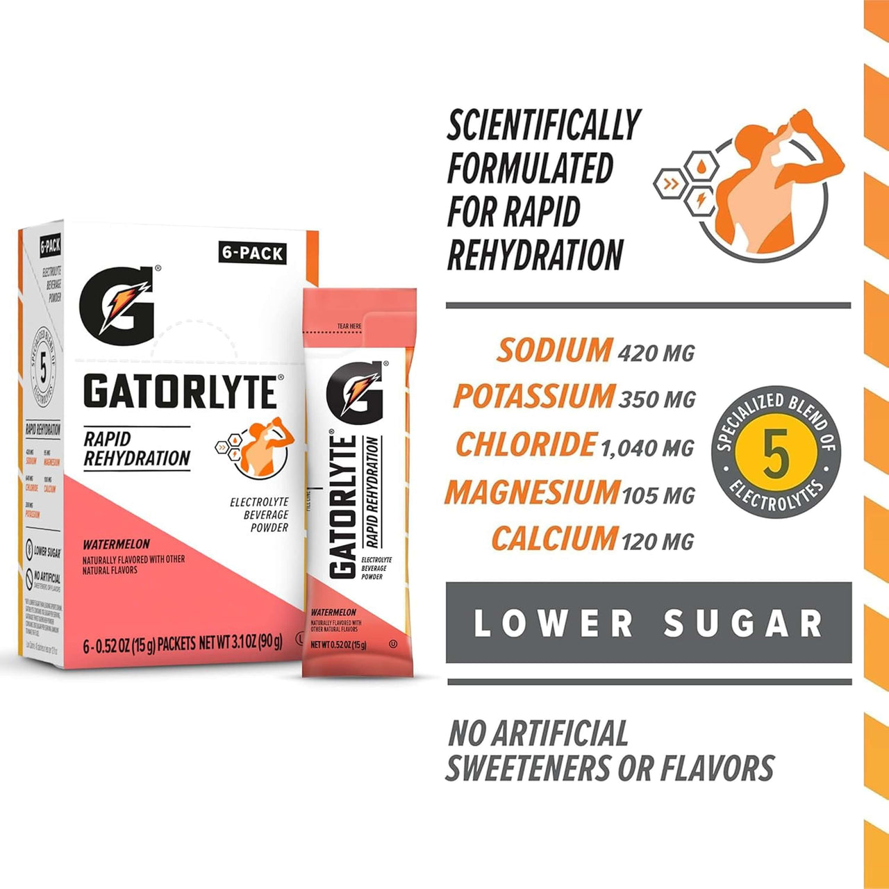 Gatorlyte Rapid Rehydration Watermelon Flavor, Powdered Energy Drink Mix, 0.52 Oz, 6 Count Packets