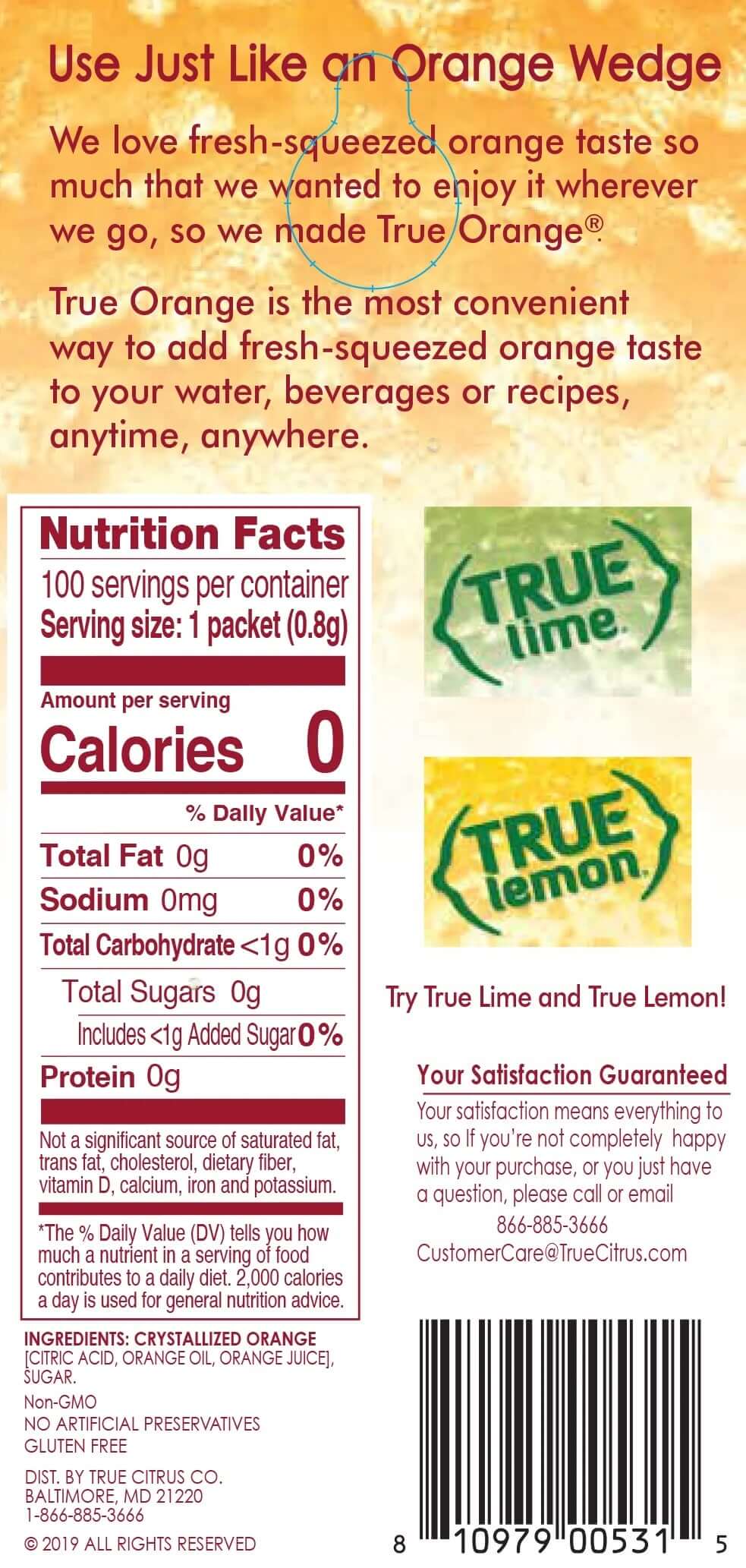(100 Packets) True Orange Sugar Free, On-The-Go, Caffeine Free Powdered Drink Mix