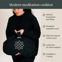 Thumbnail for Mindful & Modern Large Meditation Cushion | Zafu Yoga Bolster Meditation Floor Pillow Seat | Buckwheat Hull Filled Crescent Shaped Cushion with Removable Washable Cover + Carry Handle