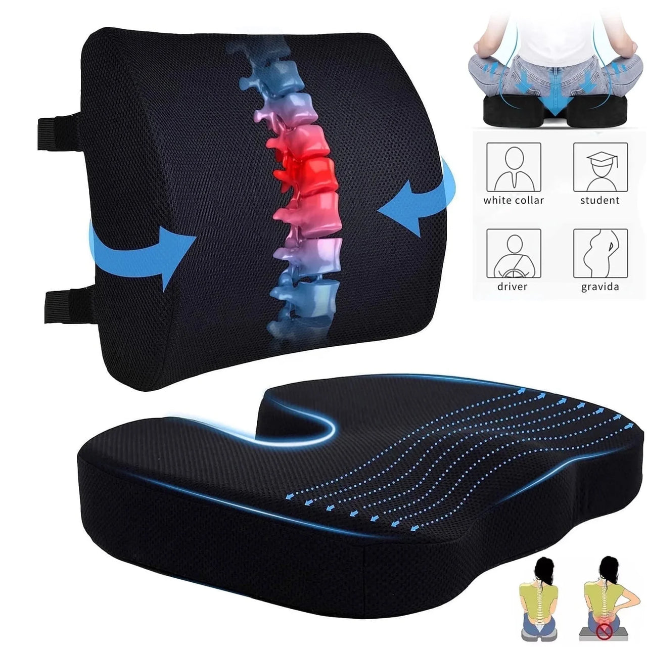 Seat Cushion and Lumbar Support Pillow for Office Chair, Memory Foam Car Seat Cushions Back Support Pillows, Help Relieve Pain of Back, Lumbar, Tailbone and Sciatic Nerve (Black)