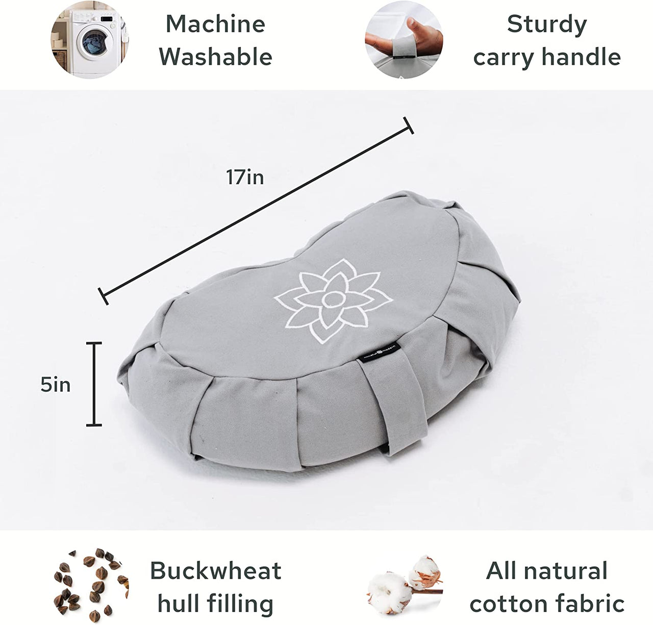 Mindful & Modern Large Meditation Cushion | Zafu Yoga Bolster Meditation Floor Pillow Seat | Buckwheat Hull Filled Crescent Shaped Cushion with Removable Washable Cover + Carry Handle
