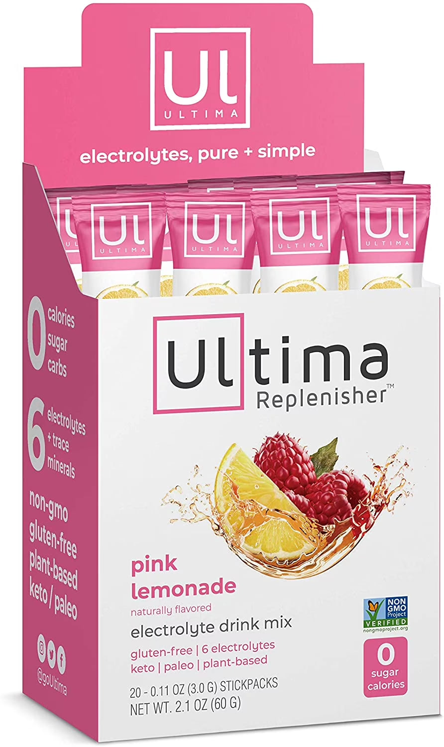 Electrolyte Hydration Powder, Pink Lemonade, 20 Count Stickpacks - Sugar-Free, 0 Calories, 0 Carbs - Gluten-Free, Keto, Non-Gmo, Vegan -Magnesium, Potassium, Calcium, Sodium