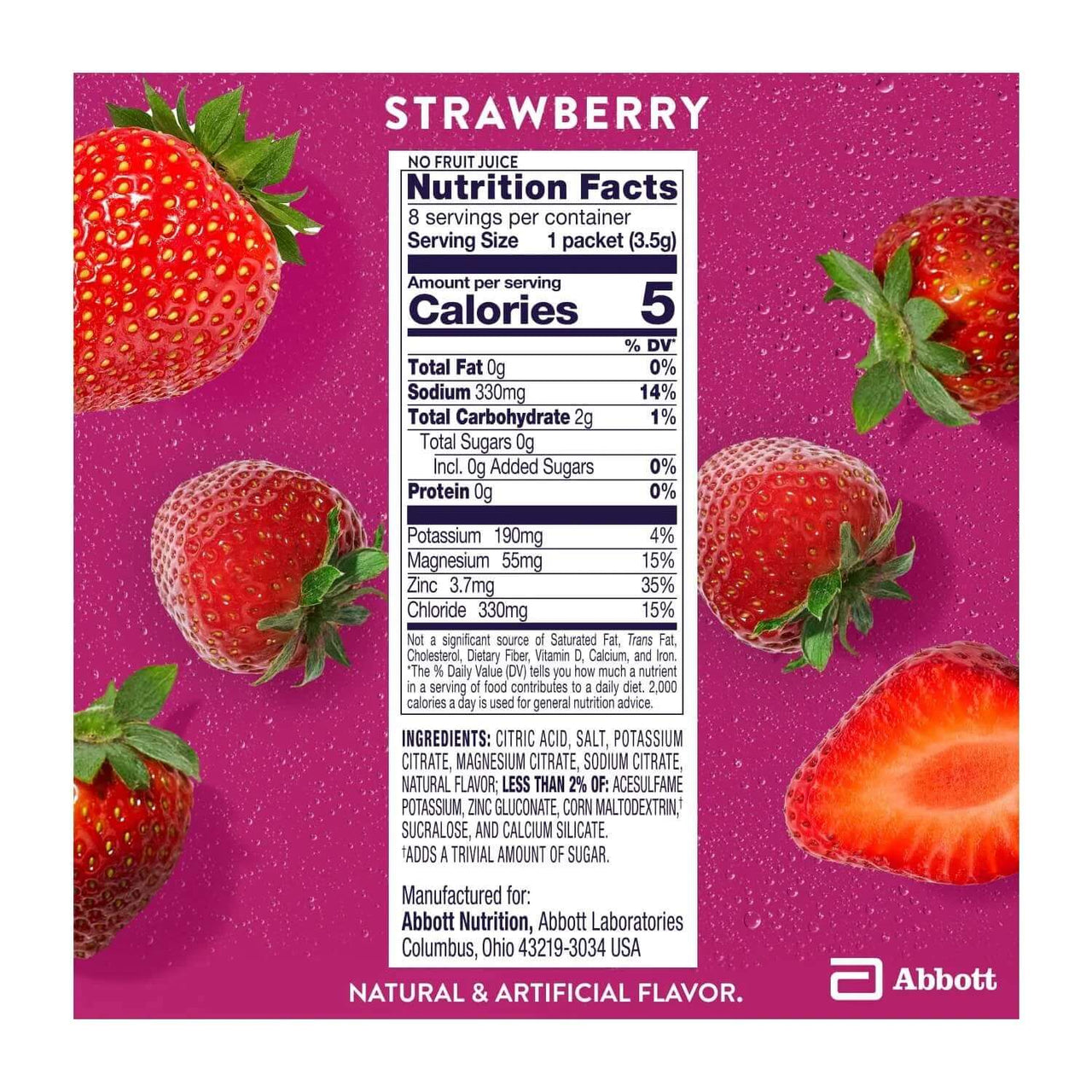 Electrolyte Drink Mix with Zero Sugar, Strawberry, 8 Powder Packets