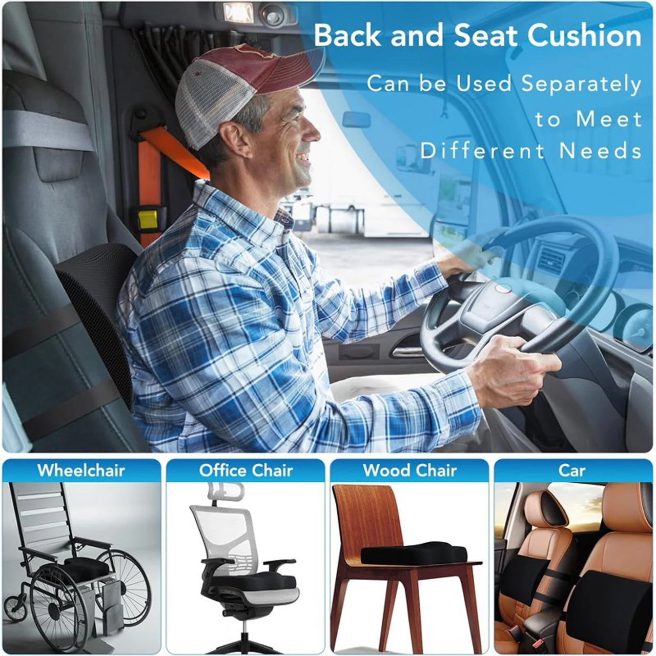 Seat Cushion and Lumbar Support Pillow for Office Chair, Memory Foam Car Seat Cushions Back Support Pillows, Help Relieve Pain of Back, Lumbar, Tailbone and Sciatic Nerve (Black)