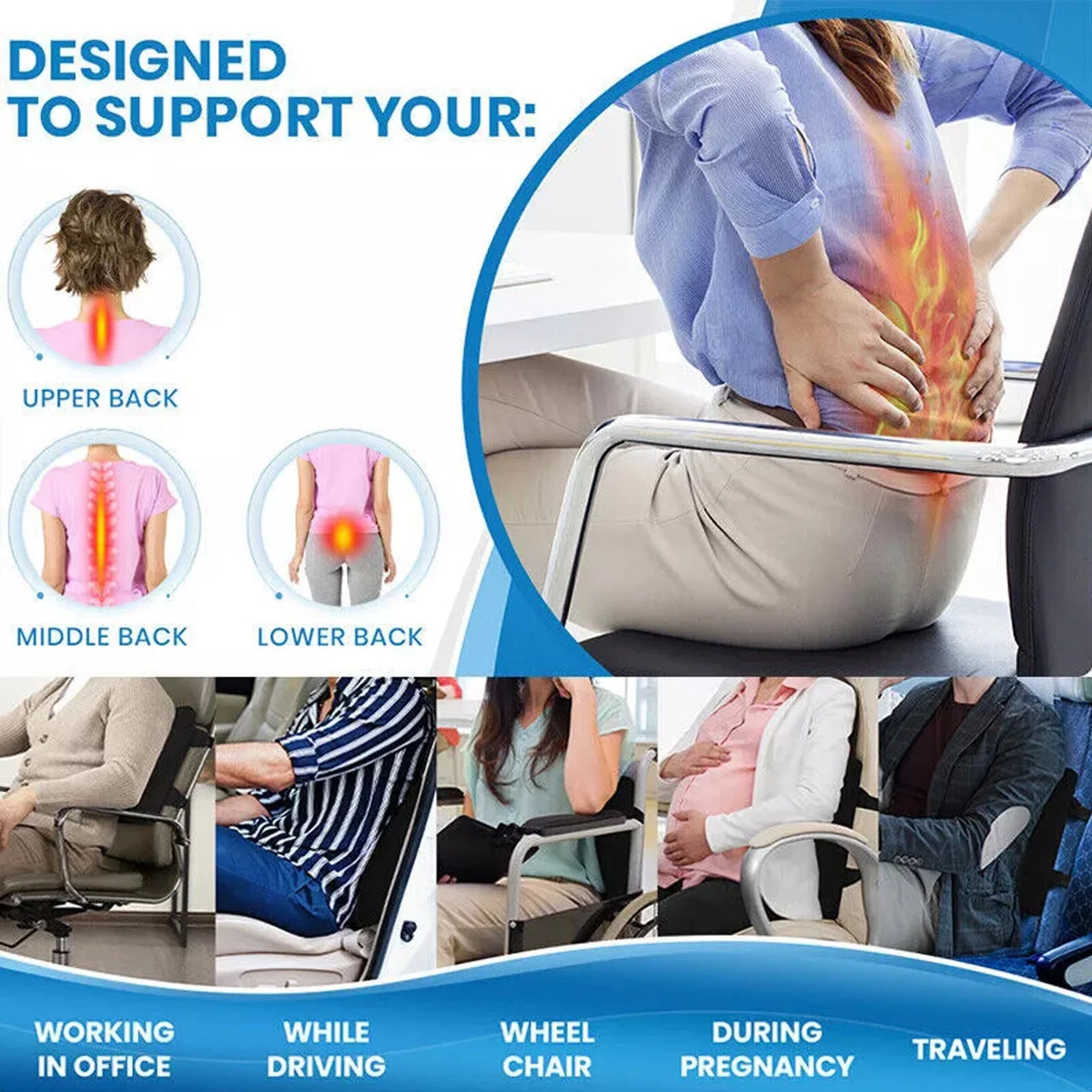 Seat Cushion and Lumbar Support Pillow for Office Chair, Memory Foam Car Seat Cushions Back Support Pillows, Help Relieve Pain of Back, Lumbar, Tailbone and Sciatic Nerve (Black)